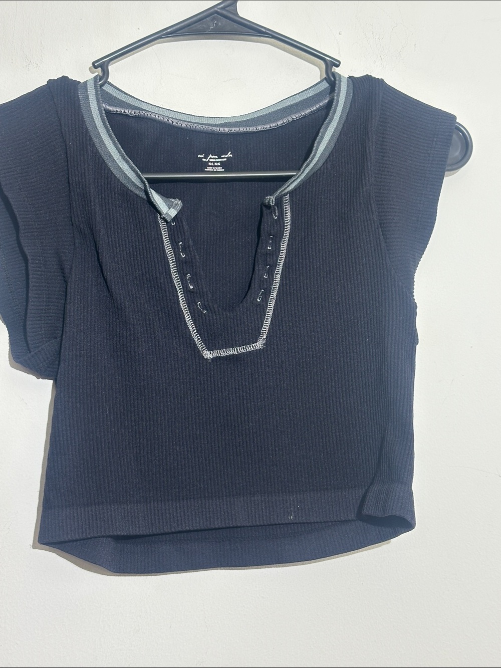 Urban Outfitters Navy Ribbed Crop Top with Gray Contrast Trim